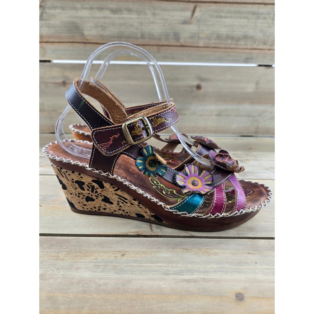 Spring Step L'Artiste Brown Leather Floral Wedge Sandals Hand Painted Women 42